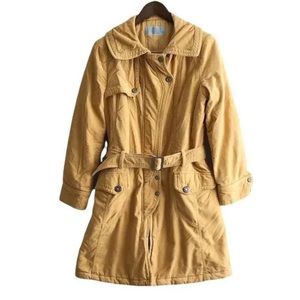 Banilla B Retro Corduroy Belted Waist Zip Up Long Winter Coat Jacket Yellow